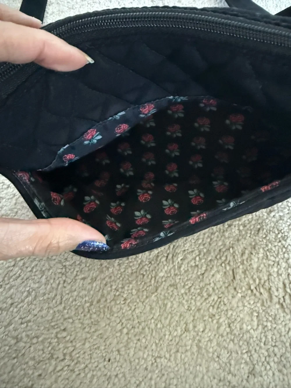 Vera Bradley Black Quilted Crossbody Bag w/ Floral Interior - Picture 5 of 12